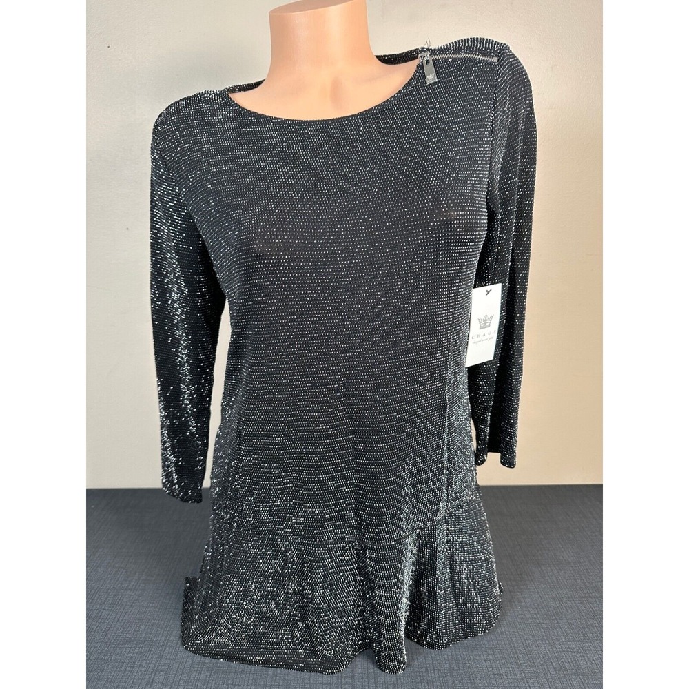 New Y2K Chaus NY Womens Top Small Stretch Glittery Black 3/4 Sleeve Metallic $69